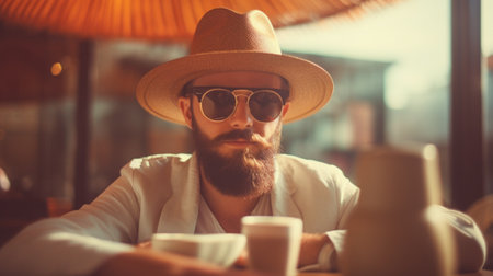 Man with a beard and sunglasses sitting at table, AIの素材