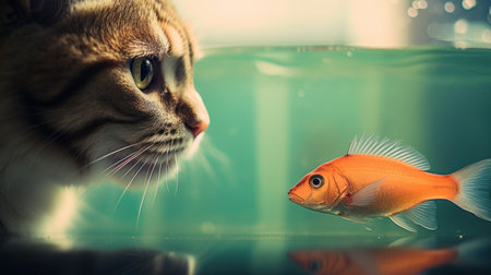 A cat looking at a fish in water, AIの素材