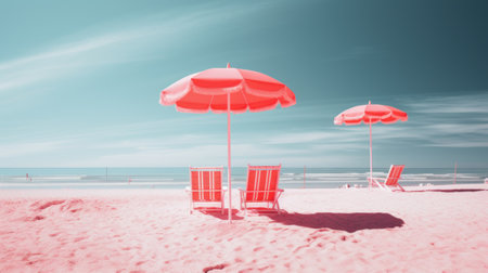 Two chairs and an umbrella on a beach, AIの素材