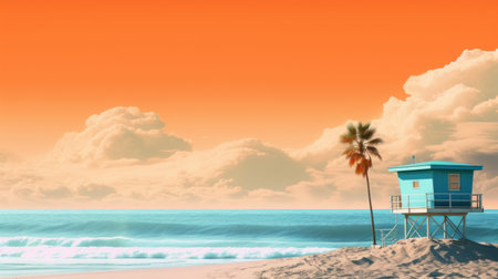 A lifeguard tower on the beach with a palm tree, AIの素材