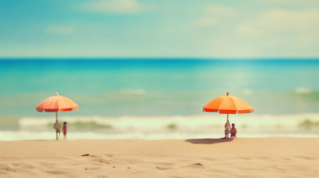 Two orange umbrellas on the beach, AIの素材