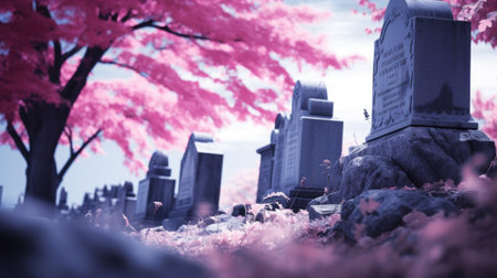 A cemetery with tombstones and pink trees, AIの素材