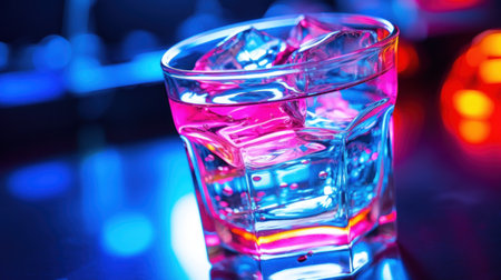 A glass of water with ice cubes on a table, AIの素材