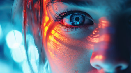 A close up of a womans eyes with bright lights, AIの素材