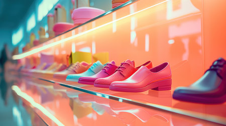 A row of shoes on a shelf, AIの素材