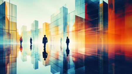 Business people walking in city with skyscrapers, AIの素材