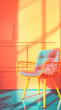 A chair sits in front of a bright orange wall, AIの素材