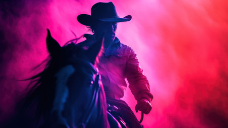 A cowboy riding a horse in the smoke, AIの素材