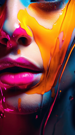 Colorful woman with bright paint on her face, AIの素材