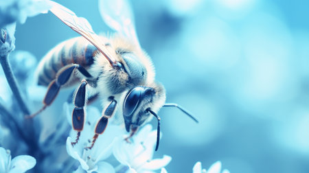 A bee is on a flower with blue background, AIの素材