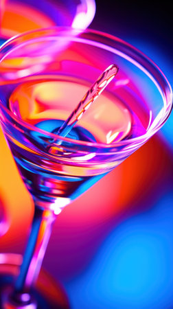 A close up of two martini glasses with colorful liquid, AIの素材
