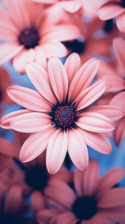 Pink flowers with blue centers are shown in this photo, AIの素材