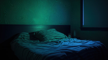 An empty bed with a green light shining on it, AIの素材