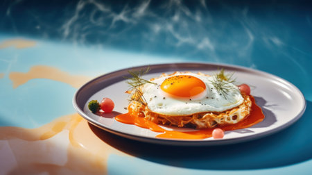 Fried egg on a plate with orange sauce, AIの素材