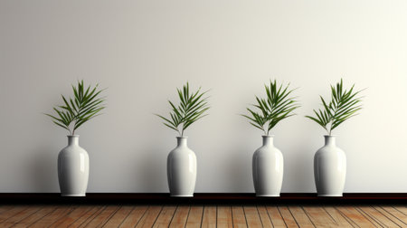 Three white vases with plants in them on a wooden floor, AIの素材