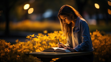 A girl is sitting at a table with her book and pen, AIの素材