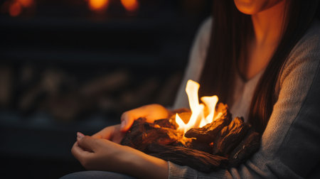 A woman holding a burning log in front of her, AIの素材