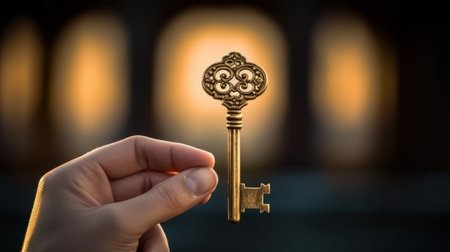 A person holding a key in front of an old building, AIの素材