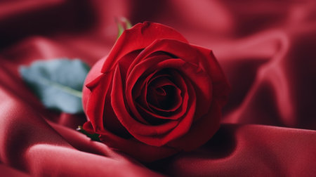 A single red rose is sitting on a satin cloth, AIの素材
