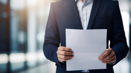 A man in a suit holding up an empty paper, AIの素材