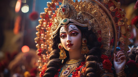 Durga idol in a temple with gold and red decorations, AIの素材