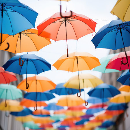 A row of colorful umbrellas are suspended in the air, AIの素材