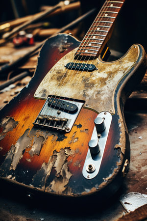 An old guitar sitting on a table with tools, AIの素材