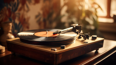 A vintage record player sits on a table in front of floral wallpaper, AIの素材