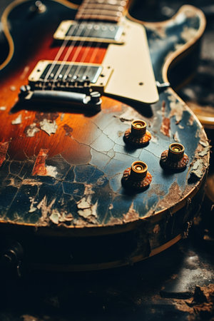 An old guitar sits on a table with some broken parts, AIの素材