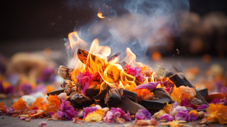 A burning fire with flowers and petals around it, AIの素材