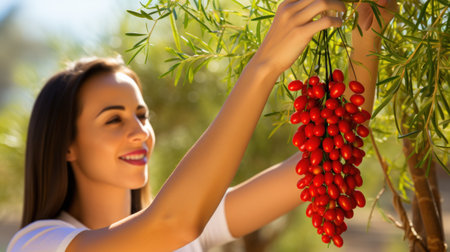 A woman is picking up a bunch of berries, AIの素材