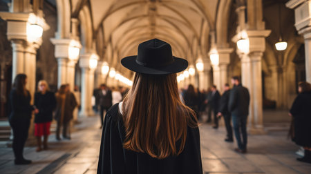 Back view of a woman in black hat standing at the center, AIの素材