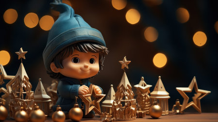 A small toy gnome sitting on a table with christmas decorations, AIの素材