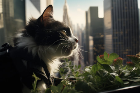 A cat looking out a window with plants in the foreground, AIの素材