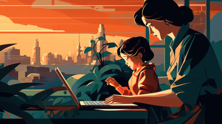 A woman and a child sitting on the couch with their laptop, AIの素材