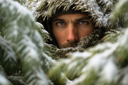 A man hiding behind a tree in the snow, AIの素材