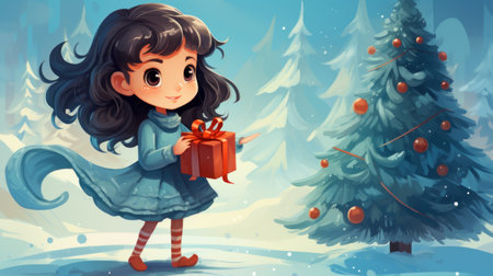 A little girl holding a gift in front of christmas trees, AIの素材