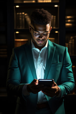 A man in a suit and glasses is looking at his phone, AIの素材