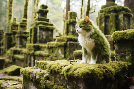 A cat sitting on top of a pile of moss, AIの素材