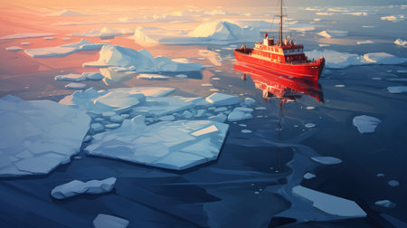 A red boat floating in the water with icebergs, AIの素材