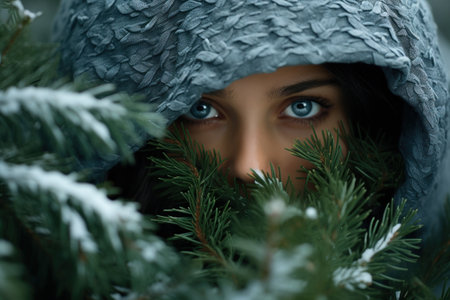 A woman in a hooded coat peeking out from behind some evergreen trees, AIの素材