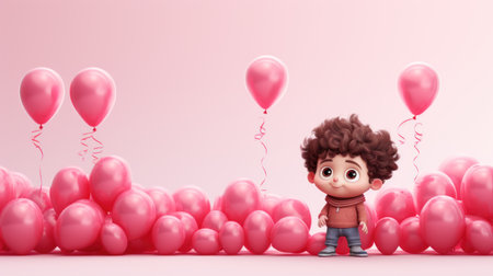 A little boy is standing in front of pink balloons, AIの素材