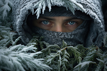 A person wearing a hooded coat and face covered in snow, AIの素材