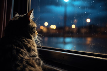 A cat sitting on a window sill looking out at the rain, AIの素材