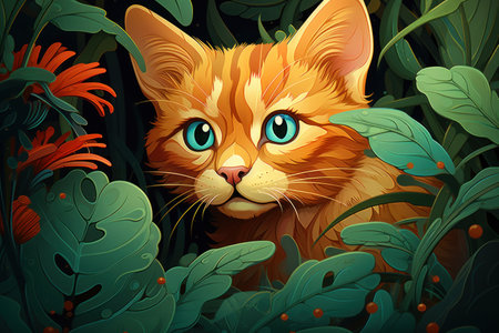 An orange cat in the jungle with green plants, AIの素材