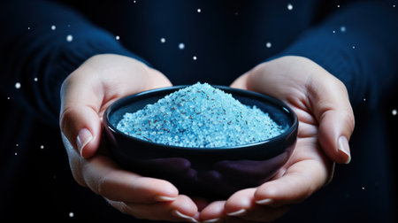 A person holding a bowl of blue salt, AIの素材