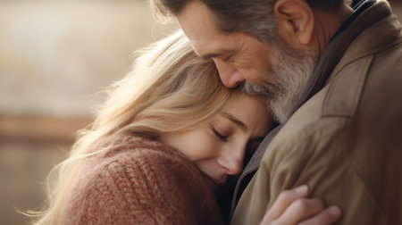 A man and woman embrace each other in a warm sweater, AIの素材
