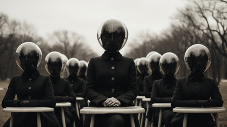 A group of people in black suits with helmets, AIの素材