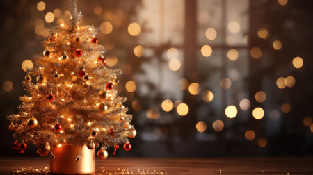 A small christmas tree is sitting on a wooden table, AIの素材