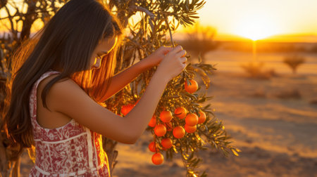 A young girl picking oranges from an orange tree, AIの素材